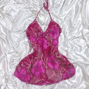 y2k Halter Top Pink Excellent Hibiscus Floral Tropical Resort Wear SM